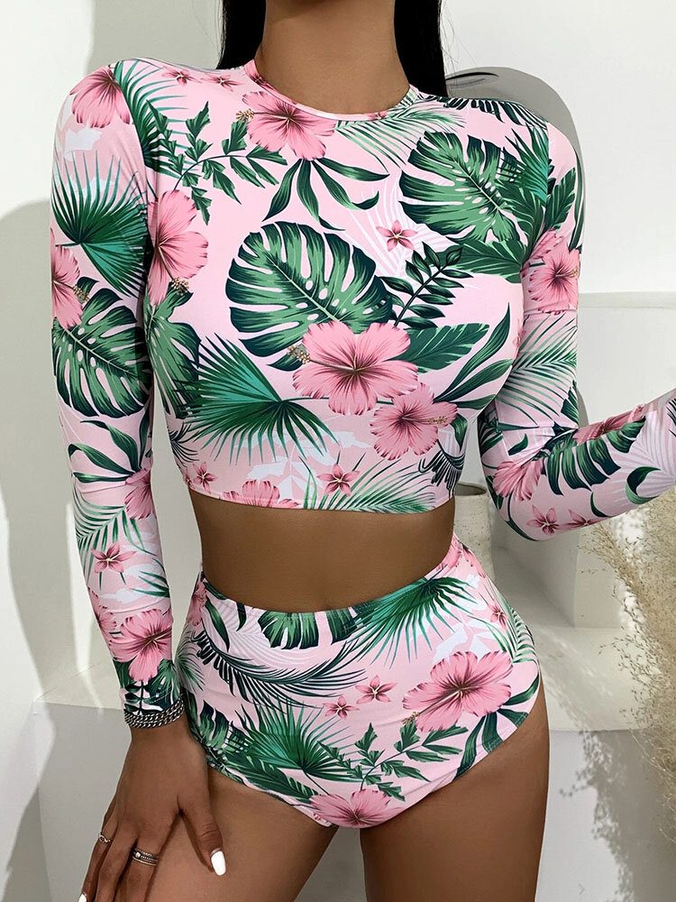 Tropical Plant Print Zip Back Langermet Bikinier Med Høy Midje Dame Strandbadedrakt