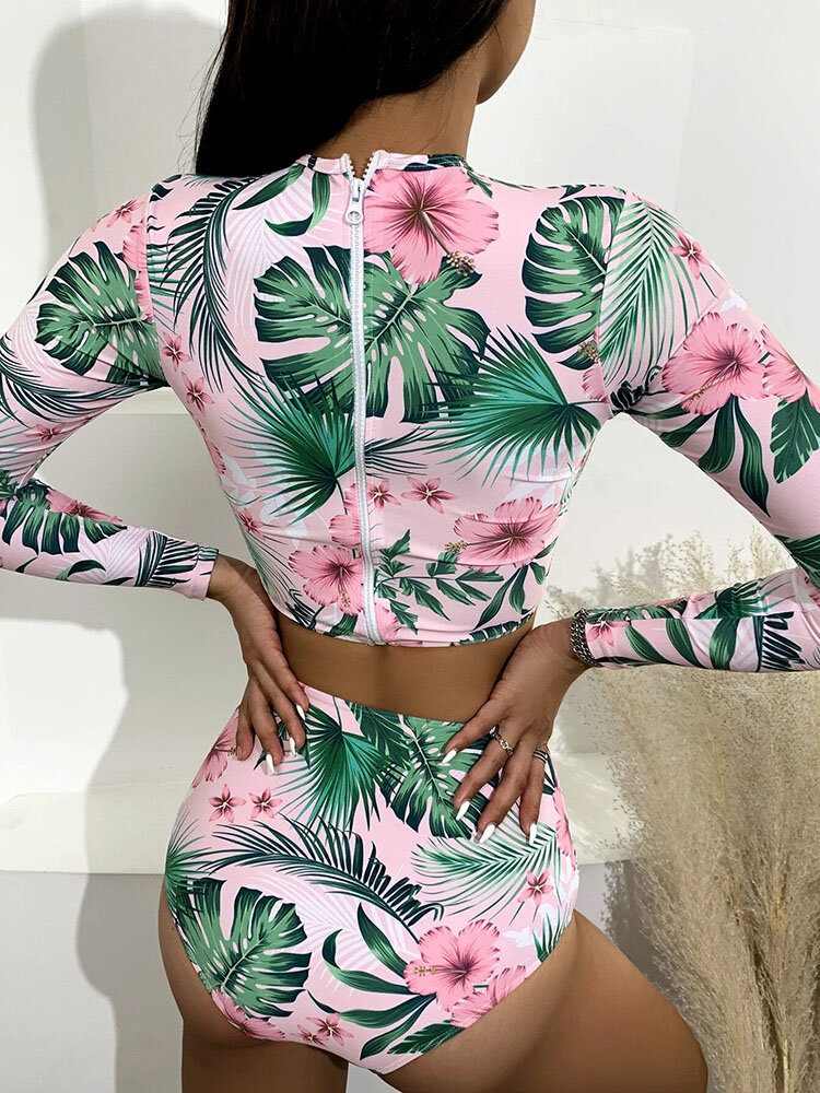 Tropical Plant Print Zip Back Langermet Bikinier Med Høy Midje Dame Strandbadedrakt