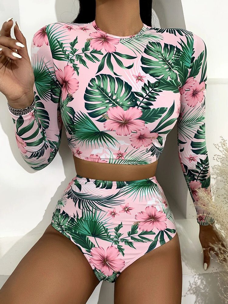 Tropical Plant Print Zip Back Langermet Bikinier Med Høy Midje Dame Strandbadedrakt