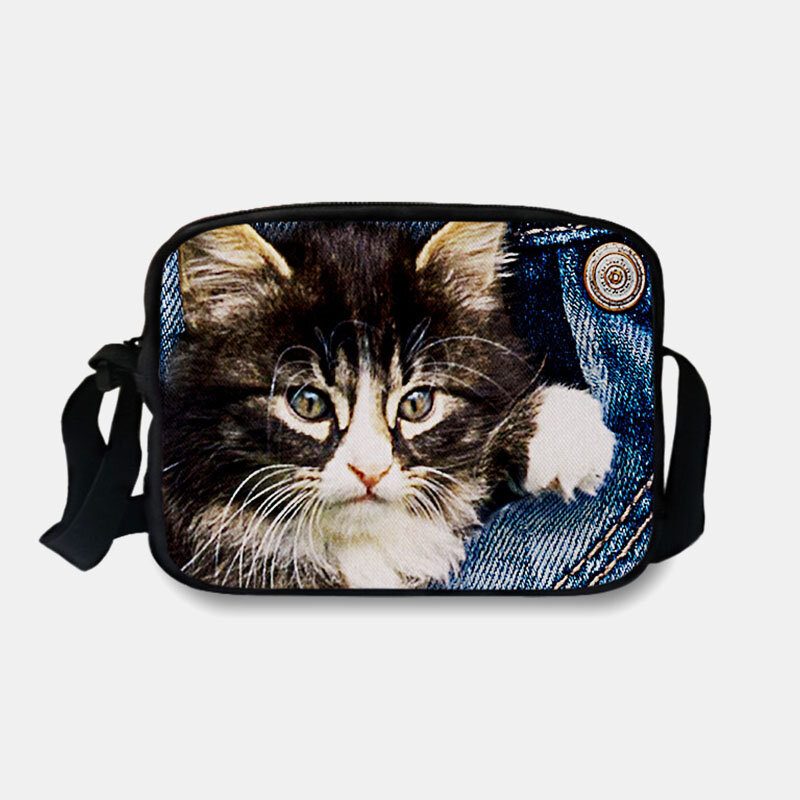 Dame Denim 3d Tredimensjonal Animal Creative Cartoon Cute Print Cat Casual Telefonveske Midjeveske Crossbody-veske