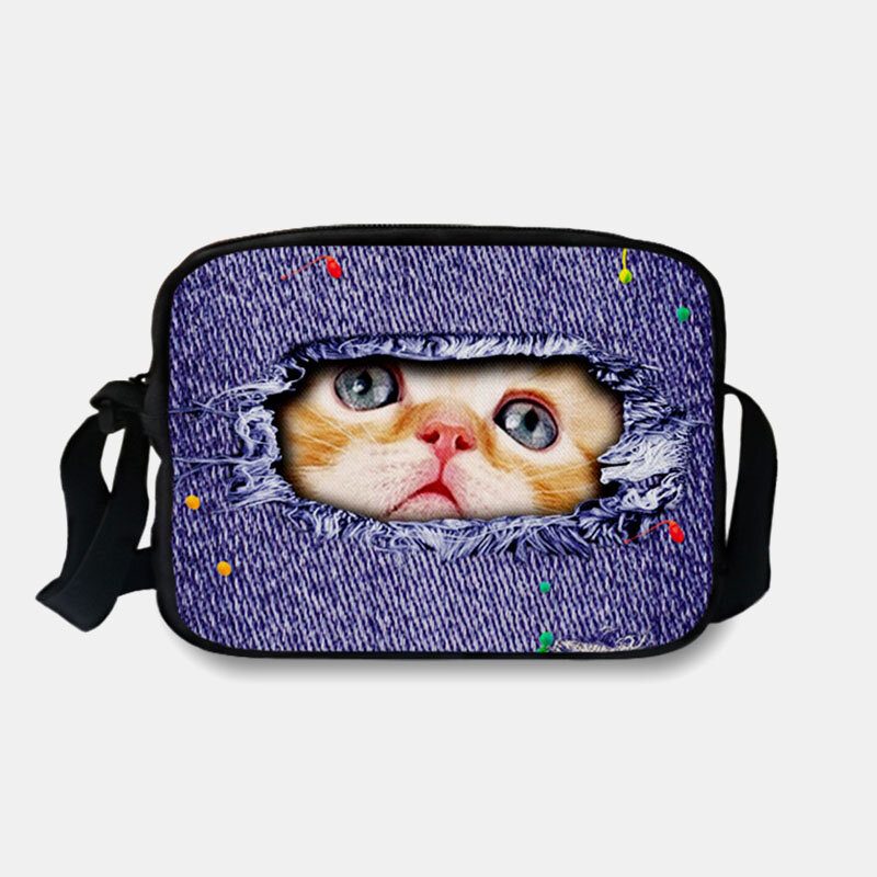 Dame Denim 3d Tredimensjonal Animal Creative Cartoon Cute Print Cat Casual Telefonveske Midjeveske Crossbody-veske