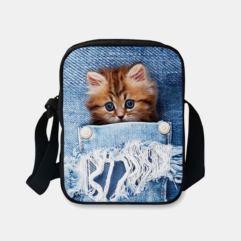 Dame Denim 3d Tredimensjonal Animal Creative Cartoon Cute Print Cat Casual Telefonveske Midjeveske Crossbody-veske