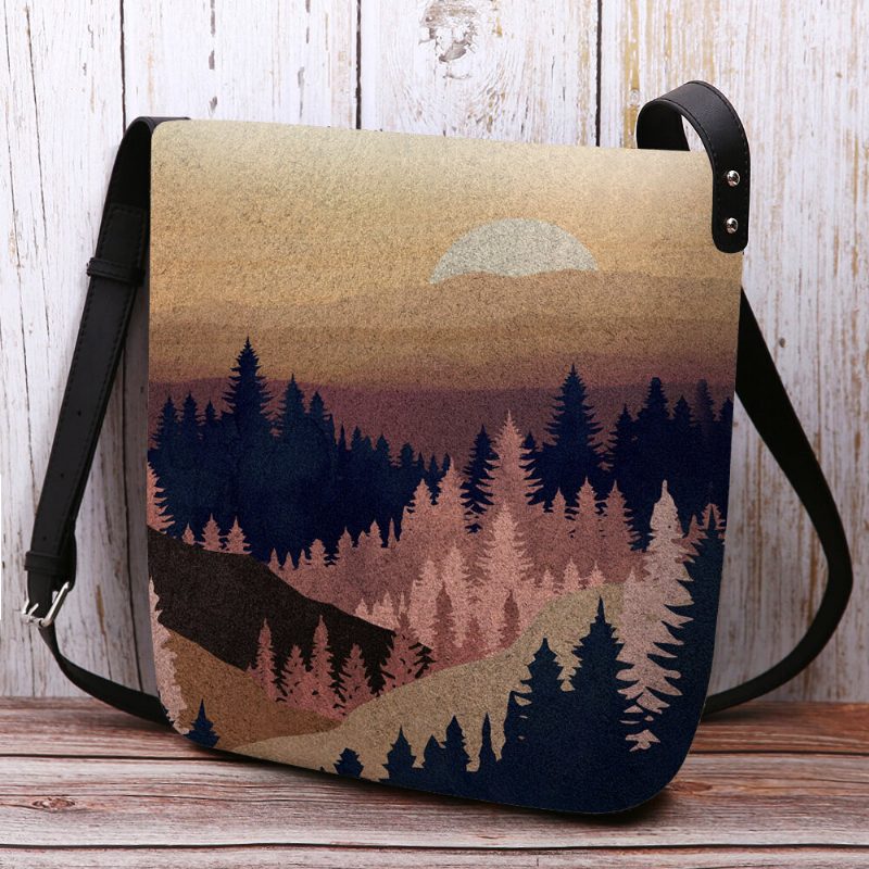 Dame Filt Dame Mountain Treetop Print Mønster Multi-carry Personlighet Skulderveske Crossbody Bag