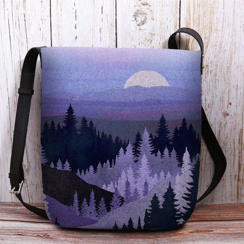 Dame Filt Dame Mountain Treetop Print Mønster Multi-carry Personlighet Skulderveske Crossbody Bag