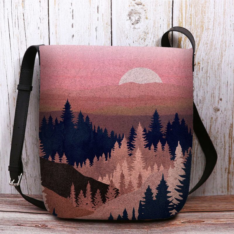 Dame Filt Dame Mountain Treetop Print Mønster Multi-carry Personlighet Skulderveske Crossbody Bag