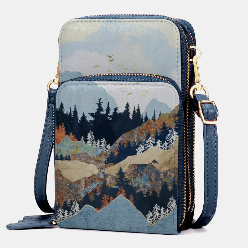 Dame Imitert Skinn Dame Mountain Treetop Print Vesker 6.3 Tommers Telefonveske Crossbody Bag