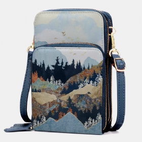 Dame Imitert Skinn Dame Mountain Treetop Print Vesker 6.3 Tommers Telefonveske Crossbody Bag