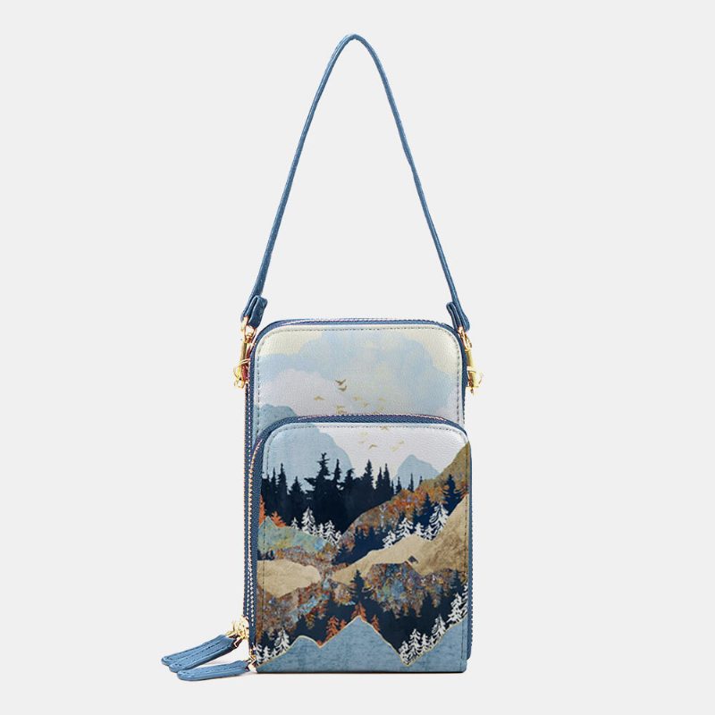 Dame Imitert Skinn Dame Mountain Treetop Print Vesker 6.3 Tommers Telefonveske Crossbody Bag