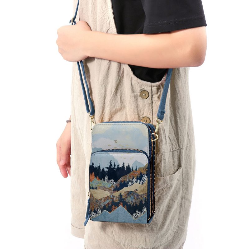 Dame Imitert Skinn Dame Mountain Treetop Print Vesker 6.3 Tommers Telefonveske Crossbody Bag