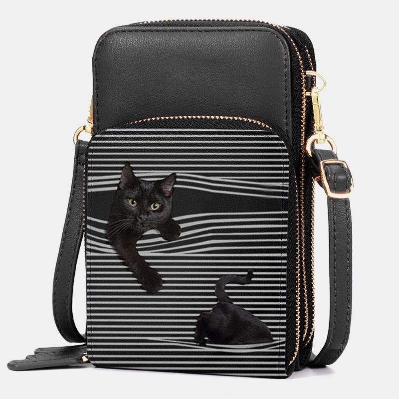 Dame Imitert Skinn Uformelt Søt Svart Katt Og Striper Mønster Justerbar Skulderveske Crossbody Veske