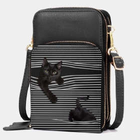 Dame Imitert Skinn Uformelt Søt Svart Katt Og Striper Mønster Justerbar Skulderveske Crossbody Veske