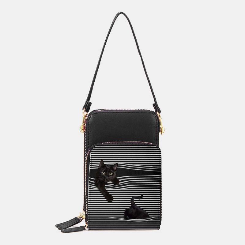 Dame Imitert Skinn Uformelt Søt Svart Katt Og Striper Mønster Justerbar Skulderveske Crossbody Veske