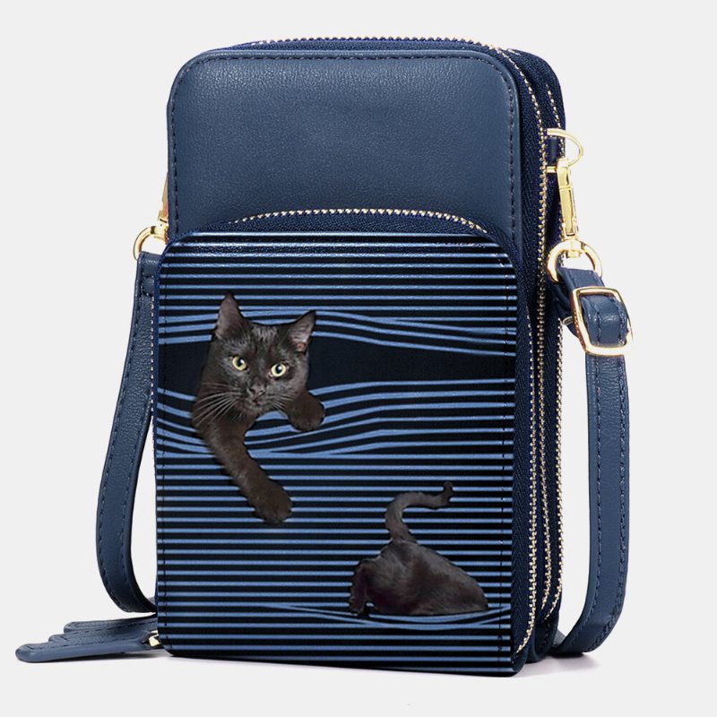 Dame Imitert Skinn Uformelt Søt Svart Katt Og Striper Mønster Justerbar Skulderveske Crossbody Veske