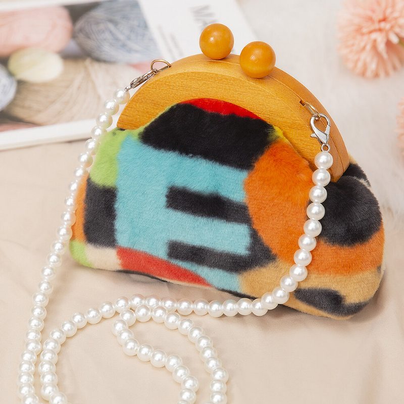 Dame Plysj Tie-dye Patchwork Pearl Chain Skulderveske Crossbody Bag