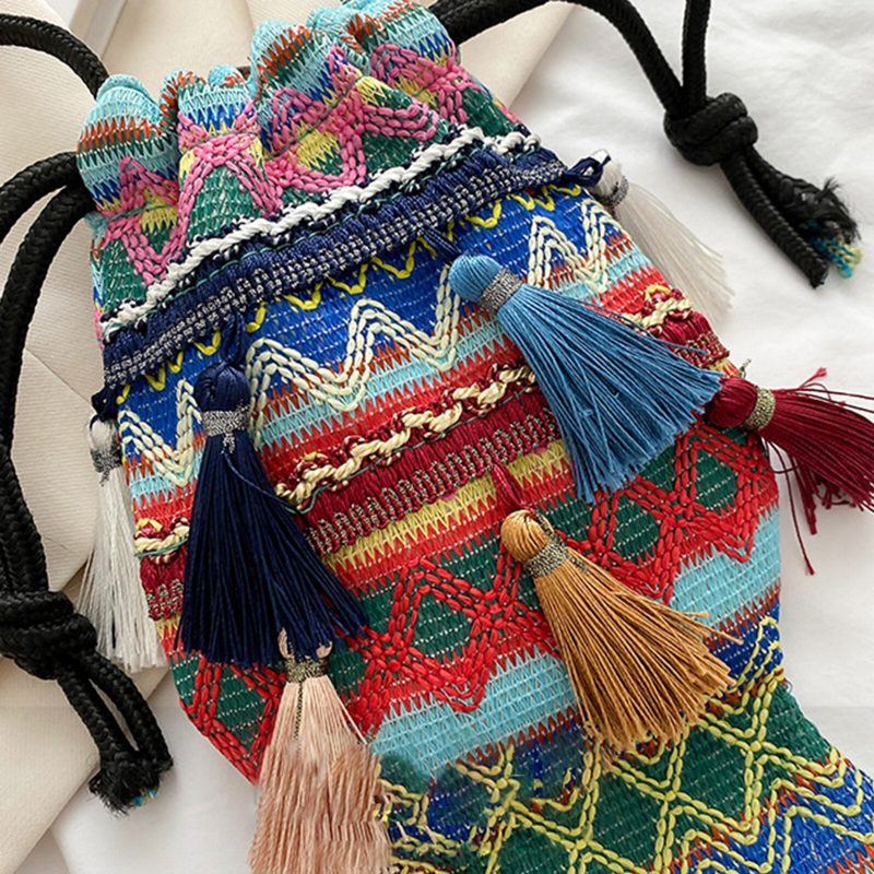 Dame Straw Bohemian Stilig Fish Tassel Design Crossbody Vesker Mote Vintage Skulderveske Med Snøring