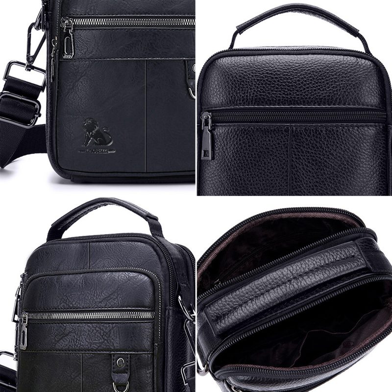 Ekte Lær For Menn Vintage Ensfarget Crossbody-veske Slitesterk Skulderveske Med Stor Kapasitet