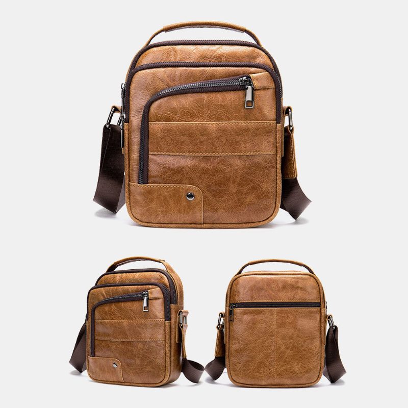 Ekte Skinn For Menn Multilommer Øretelefonhull Vintage Vanntette Crossbody-vesker Skuldervesker