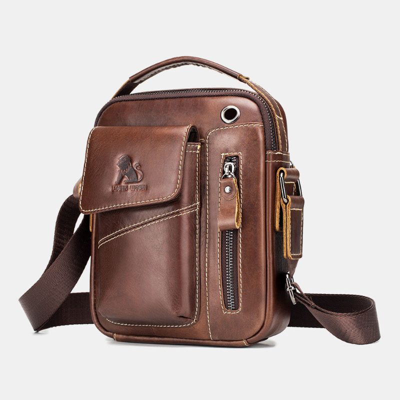 Ekte Skinn For Menn Slitasjebestandig Hodetelefonhull Multilomme Vintage Crossbody Vesker Skulderveske