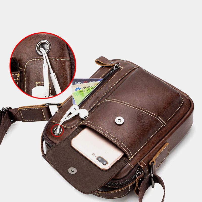 Ekte Skinn For Menn Slitasjebestandig Hodetelefonhull Multilomme Vintage Crossbody Vesker Skulderveske