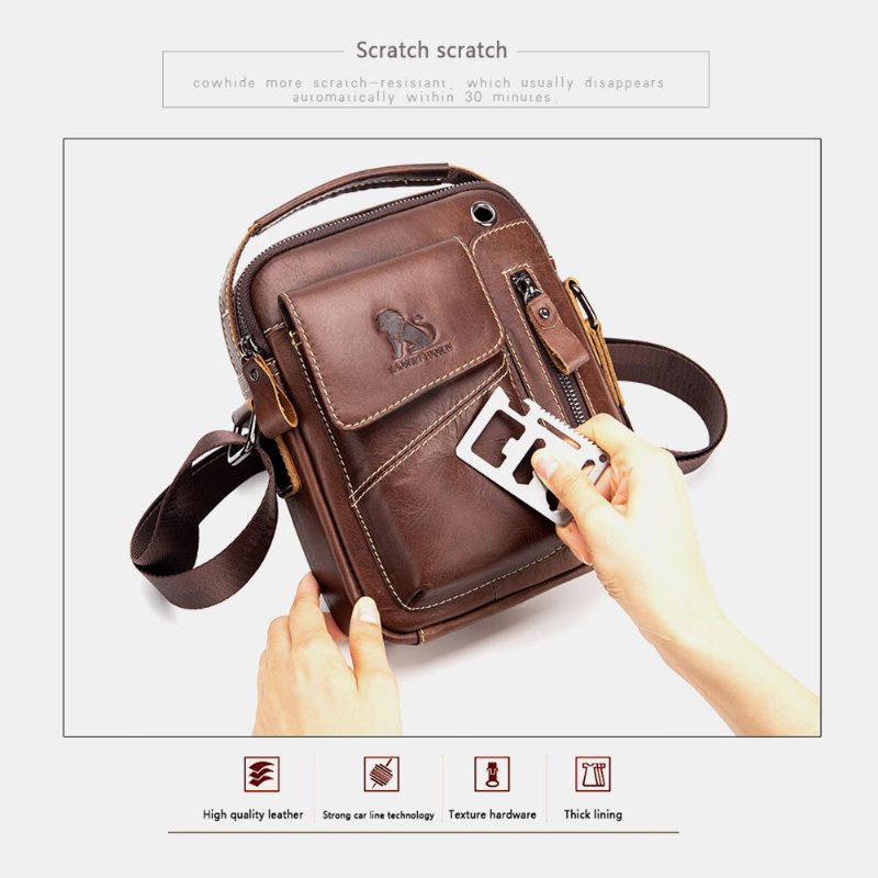 Ekte Skinn For Menn Slitasjebestandig Hodetelefonhull Multilomme Vintage Crossbody Vesker Skulderveske