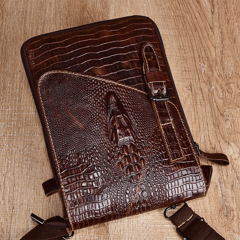 Ekte Skinn For Menn Slitasjebestandig Krokodilletekstur Uformell Crossbody-veske Skulderveske