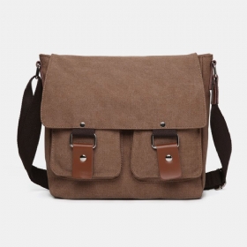 Herre Dobbel Frontlomme Med Stor Kapasitet Crossbody-veske Retro Canvas Horisontal Ensfarget Anti-tyveri Skulderveske