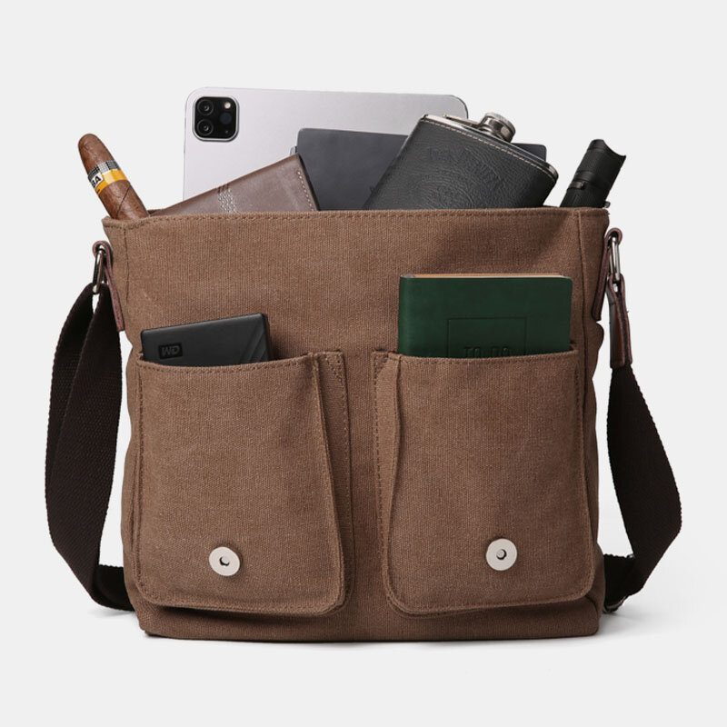 Herre Dobbel Frontlomme Med Stor Kapasitet Crossbody-veske Retro Canvas Horisontal Ensfarget Anti-tyveri Skulderveske