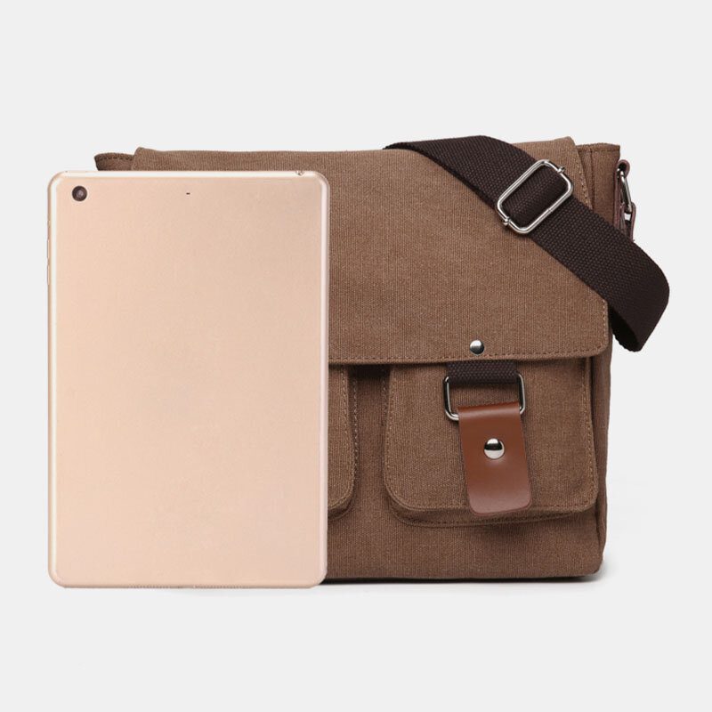 Herre Dobbel Frontlomme Med Stor Kapasitet Crossbody-veske Retro Canvas Horisontal Ensfarget Anti-tyveri Skulderveske