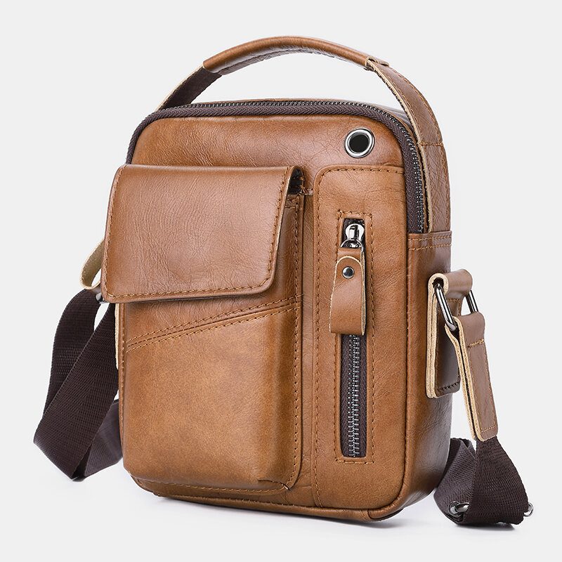 Herre Ekte Skinn Multi-lomme Hodetelefonhull Vintage 6.5 Tommers Telefonveske Crossbody-veske Skulderveske Messenger-koffert