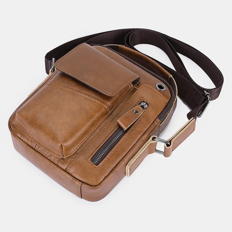 Herre Ekte Skinn Multi-lomme Hodetelefonhull Vintage 6.5 Tommers Telefonveske Crossbody-veske Skulderveske Messenger-koffert