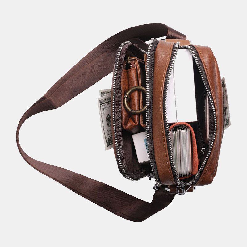 Herre Ekte Skinn Multi-lomme Hodetelefonhull Vintage 6.5 Tommers Telefonveske Crossbody-veske Skulderveske Messenger-koffert