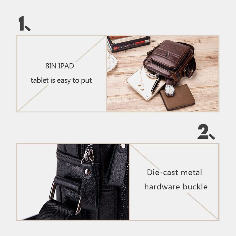 Herre Ekte Skinn Multifunksjon Multi-lomme Vanntett Crossbody Vesker Skulderveske