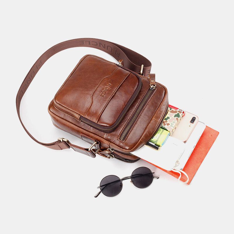 Herre Ekte Skinn Multifunksjon Retro Slitasjebestandig Veske Med Stor Kapasitet Skulderveske Cross Body Veske