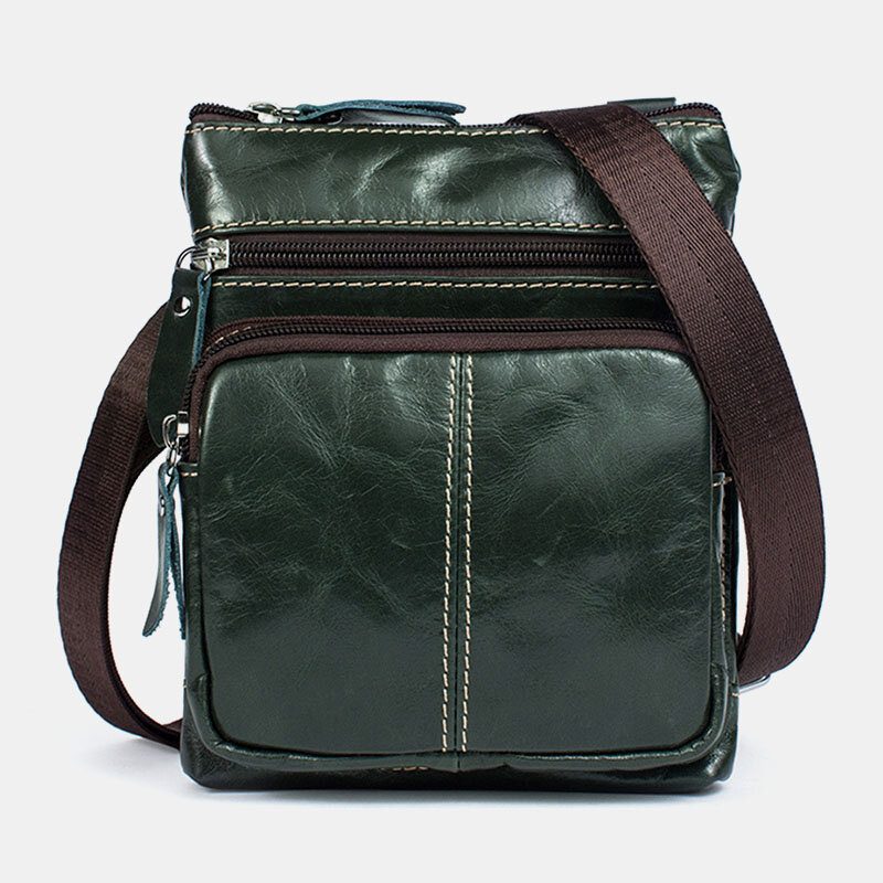 Herre Ekte Skinn Retro Business Ensfarget Skinn Glidelås Crossbody Vesker Skulderveske