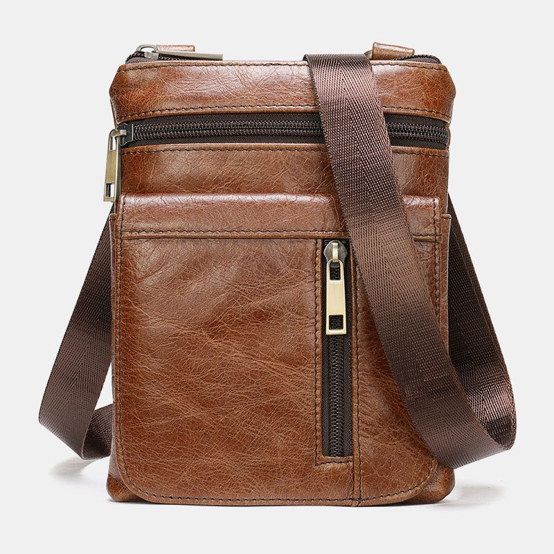 Herre Ekte Skinn Retro Business Ensfarget Skinn Glidelås Crossbody Vesker Skulderveske