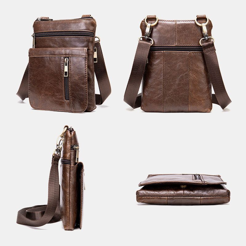 Herre Ekte Skinn Retro Business Ensfarget Skinn Glidelås Crossbody Vesker Skulderveske