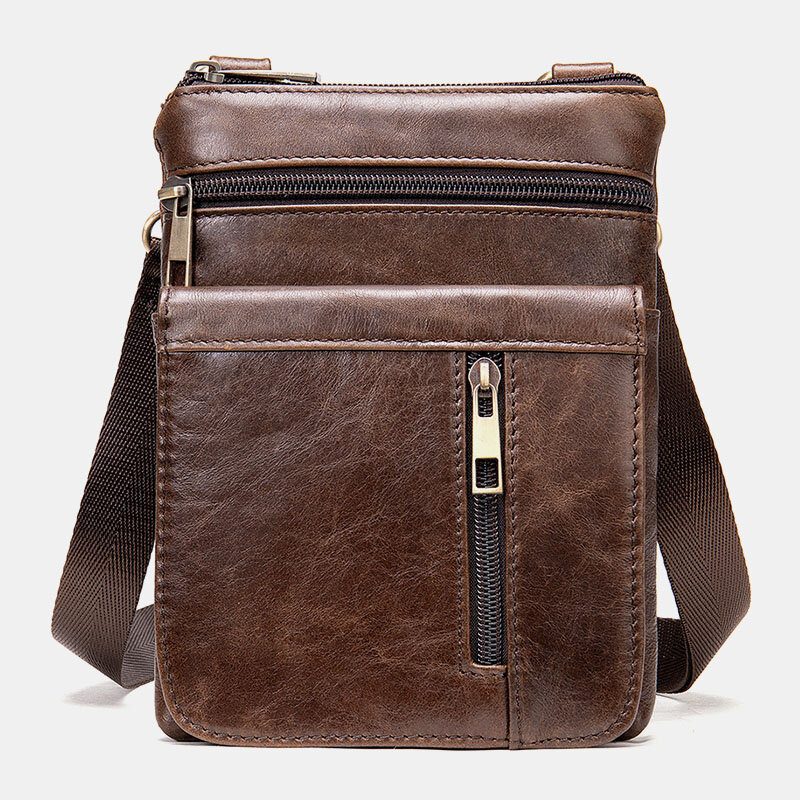 Herre Ekte Skinn Retro Business Ensfarget Skinn Glidelås Crossbody Vesker Skulderveske