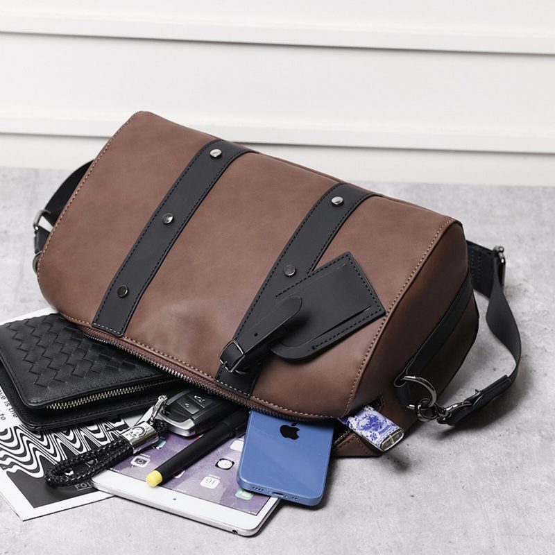 Herre Kunstskinn Stor Kapasitet Farge-match Crossbody Vesker Patchwork Sylinder Skulderveske Messenger Bag