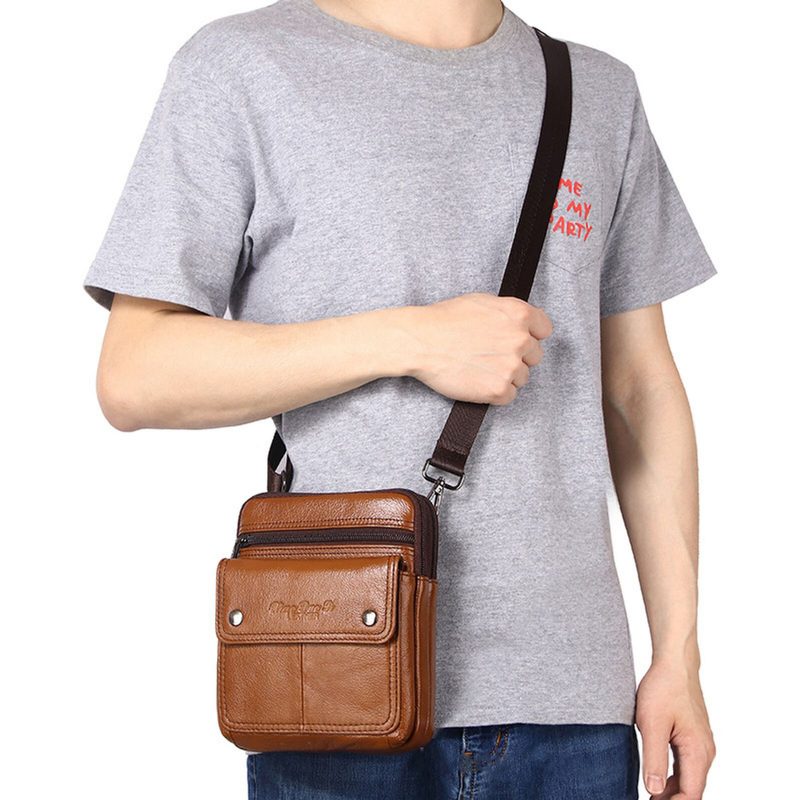 Herre Kuskinn Multi-rom Glidelås Skulderveske Crossbody Vesker Outdoor Casual Vintage Messenger Bag