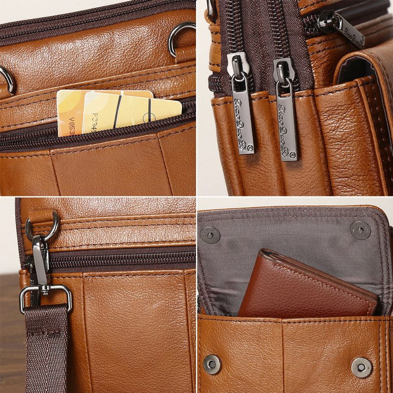 Herre Kuskinn Multi-rom Glidelås Skulderveske Crossbody Vesker Outdoor Casual Vintage Messenger Bag