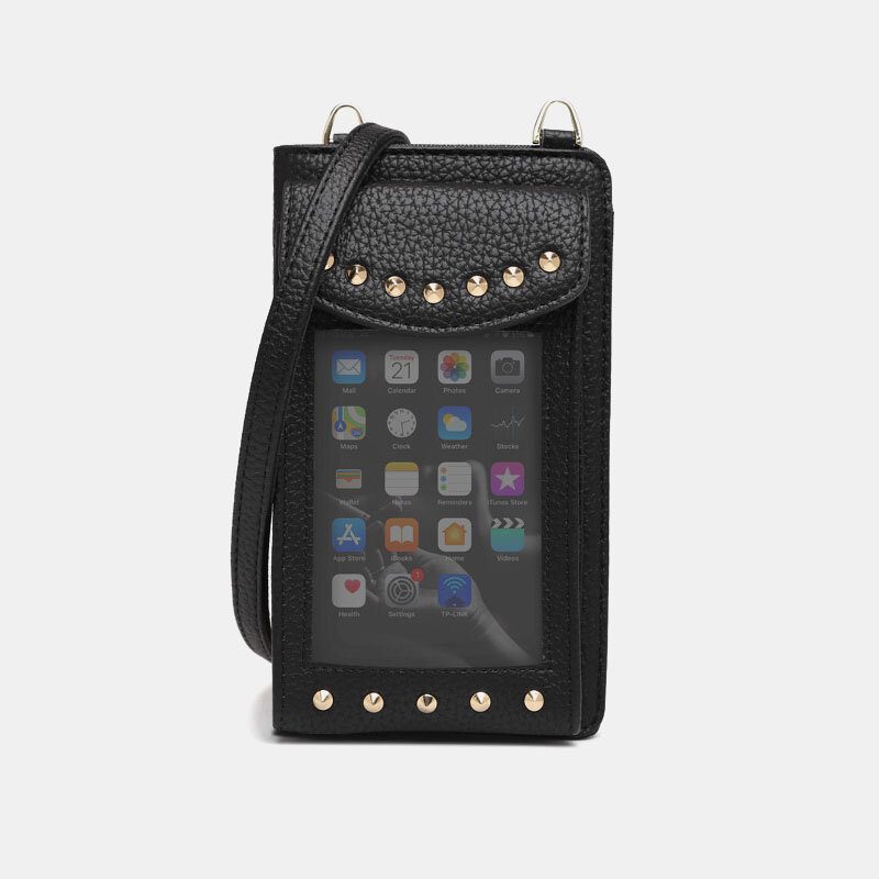 Kvinner Berøringsskjerm 6.3 Tommers Telefonholder 10-kortspor Rivet Crossbody-veske Lommebok