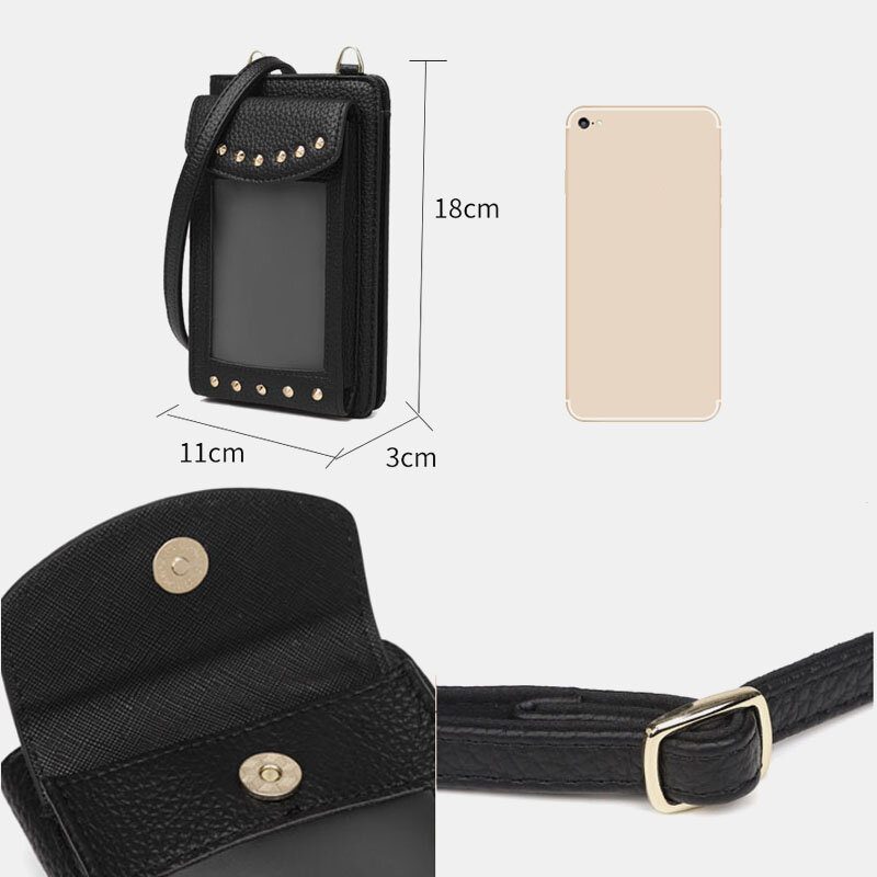 Kvinner Berøringsskjerm 6.3 Tommers Telefonholder 10-kortspor Rivet Crossbody-veske Lommebok