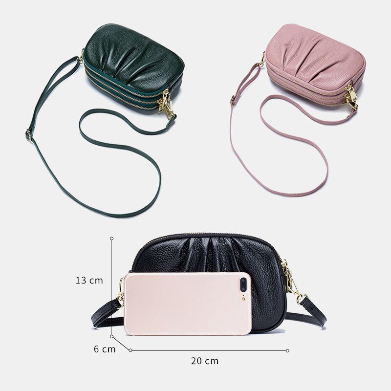 Kvinner Ekte Skinn 3 Glidelåslomme Fold Design Crossbody Bag