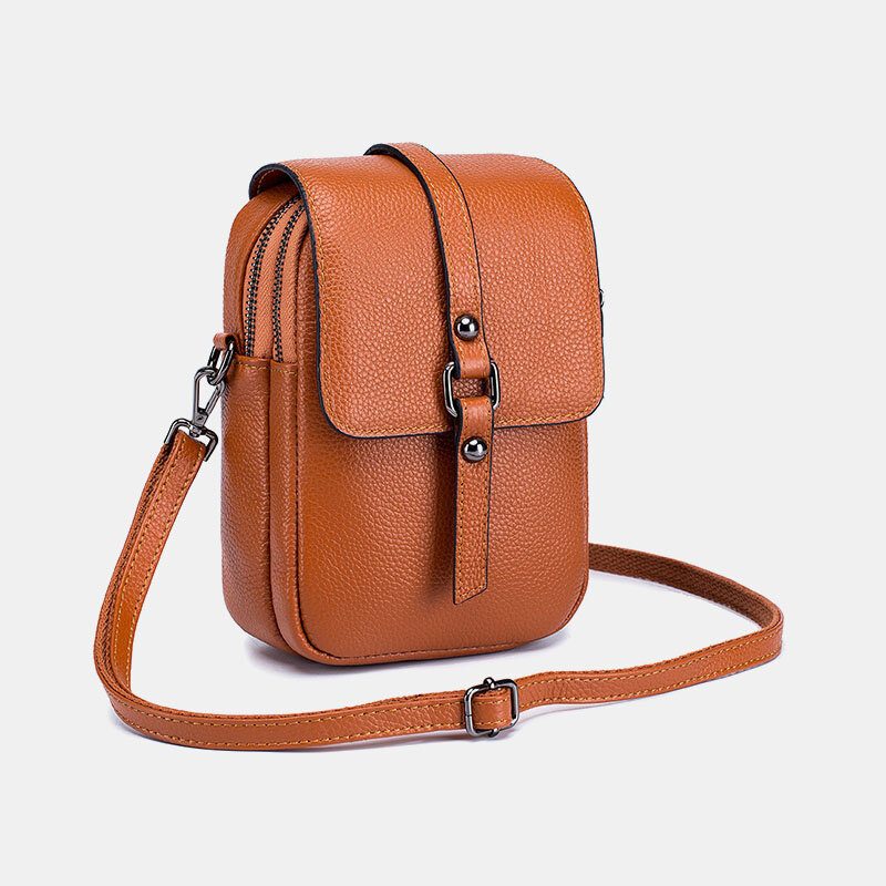 Kvinner Ekte Skinn Casual Retro Flerlags Øretelefonhull 6.5 Tommers Telefonveske Crossbody-veske