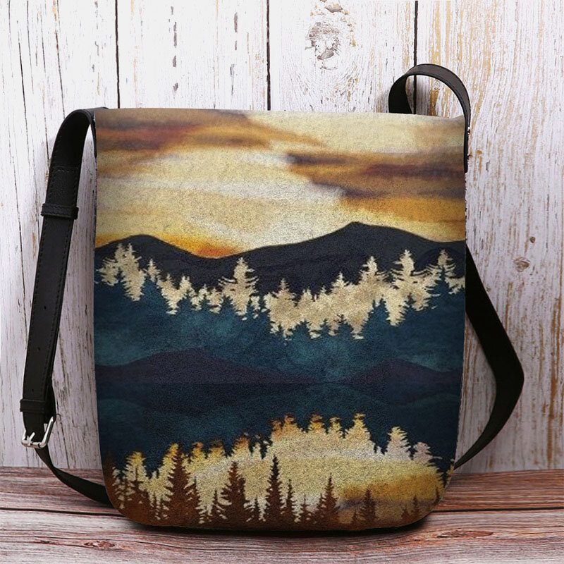 Kvinner Filt Mountain Treetop Print Mønster Casual Outdoor Skulderveske Crossbody Bag