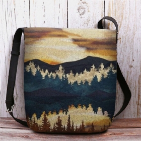 Kvinner Filt Mountain Treetop Print Mønster Casual Outdoor Skulderveske Crossbody Bag