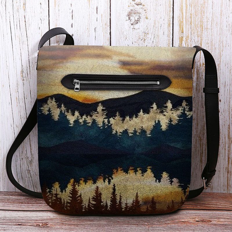 Kvinner Filt Mountain Treetop Print Mønster Casual Outdoor Skulderveske Crossbody Bag