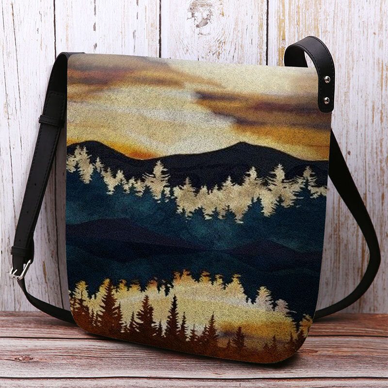 Kvinner Filt Mountain Treetop Print Mønster Casual Outdoor Skulderveske Crossbody Bag