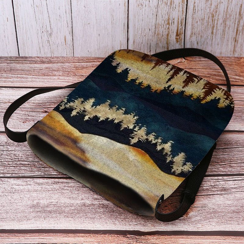 Kvinner Filt Mountain Treetop Print Mønster Casual Outdoor Skulderveske Crossbody Bag