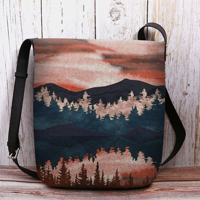 Kvinner Filt Mountain Treetop Print Mønster Casual Outdoor Skulderveske Crossbody Bag